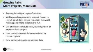 • Running in multiple regions/countries
• Wi-Fi upload requirements makes it harder to
recruit panelists in certain regions in the world,
making panel more expensive to run
• Out of control compute costs, reaching ~65% of
expenses for a project.
• Data privacy concerns for certain clients in
certain regions
• New partner demands, new/more data
Growing Pains:
More Projects, More Data
7
© 2024 MetaConsumer Inc.
 
