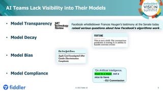 • Model Transparency
• Model Decay
• Model Bias
• Model Compliance
AI Teams Lack Visibility into Their Models
Facebook whi...