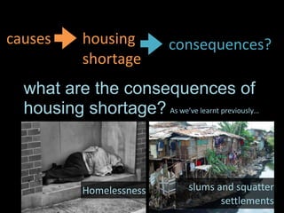 causes
what are the consequences of
housing shortage?
housing	
  
shortage
consequences?
As	
  we’ve	
  learnt	
  previously…
Homelessness slums	
  and	
  squatter	
  
settlements
 