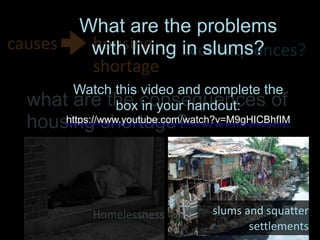 causes
what are the consequences of
housing shortage?
housing	
  
shortage
consequences?
As	
  we’ve	
  learnt	
  previously…
Homelessness slums	
  and	
  squatter	
  
settlements
What are the problems
with living in slums?
Watch this video and complete the
box in your handout:  
https://www.youtube.com/watch?v=M9gHICBhfIM
 