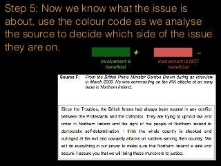 Step 5: Now we know what the issue is
about, use the colour code as we analyse
the source to decide which side of the issue
they are on.
involvement is
beneﬁcial
+ -
involvement is NOT
beneﬁcial
 