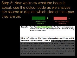 Step 5: Now we know what the issue is
about, use the colour code as we analyse
the source to decide which side of the issue
they are on.
involvement is
beneﬁcial
+ -
involvement is NOT
beneﬁcial
 