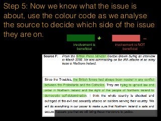 Step 5: Now we know what the issue is
about, use the colour code as we analyse
the source to decide which side of the issue
they are on.
involvement is
beneﬁcial
+ -
involvement is NOT
beneﬁcial
 