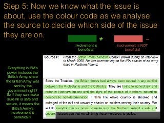 Step 5: Now we know what the issue is
about, use the colour code as we analyse
the source to decide which side of the issue
they are on.
involvement is
beneﬁcial
+ -
involvement is NOT
beneﬁcial
Everything in PM’s
power includes the
British Army, since
the British Army was
sent by the
government right?
So if they can make
sure NI is safe and
secure, it means the
British Army’s
involvement is
beneﬁcail?
 