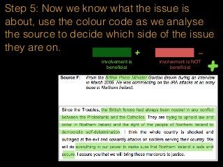 Step 5: Now we know what the issue is
about, use the colour code as we analyse
the source to decide which side of the issue
they are on.
involvement is
beneﬁcial
+ -
involvement is NOT
beneﬁcial
+
 
