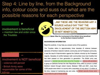 Step 4: Line by line, from the Background
info, colour code and suss out what are the
possible reasons for each perspective
+
-
involvement is beneﬁcial
involvement is NOT beneﬁcial
 