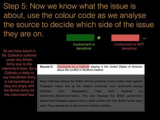 Step 4: Line by line, from the Background
info, colour code and suss out what are the
possible reasons for each perspective
involvement is beneﬁcial
+
-
involvement is NOT beneﬁcial
So this is about
how British Army
can benefit NI.
+ maintain law and order since  
the Troubles
 