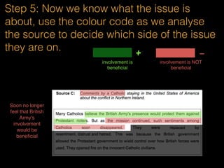 Step 4: Line by line, from the Background
info, colour code and suss out what are the
possible reasons for each perspective
involvement is beneﬁcial
+
-
involvement is NOT beneﬁcial
So this is about
how it not
beneficial to NI
+ maintain law and order since  
the Troubles
 