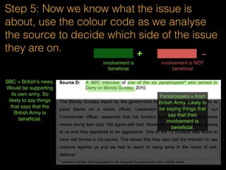 Step 4: Line by line, from the Background
info, colour code and suss out what are the
possible reasons for each perspective
involvement is beneﬁcial
+
-
involvement is NOT beneﬁcial
So this is about
how it not
beneficial to NI
+ maintain law and order since  
the Troubles
- violence still persist
 