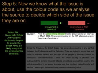 Step 5: Now we know what the issue is
about, use the colour code as we analyse
the source to decide which side of the issue
they are on.
involvement is
beneﬁcial
+ -
involvement is NOT
beneﬁcial
Government is
the one who
sent the British
Army. They
are struggling.
Probably
means not
beneﬁcial?
 