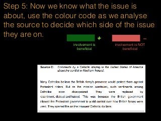 Step 5: Now we know what the issue is
about, use the colour code as we analyse
the source to decide which side of the issue
they are on.
involvement is
beneﬁcial
+ -
involvement is NOT
beneﬁcial
 
