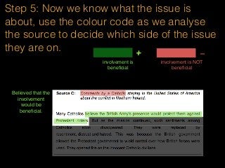 Step 5: Now we know what the issue is
about, use the colour code as we analyse
the source to decide which side of the issue
they are on.
involvement is
beneﬁcial
+ -
involvement is NOT
beneﬁcial
Believed that the
involvement
would be
beneﬁcial.
 