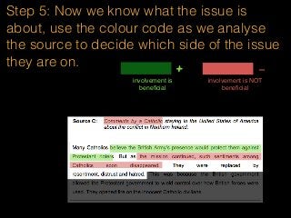 Step 5: Now we know what the issue is
about, use the colour code as we analyse
the source to decide which side of the issue
they are on.
involvement is
beneﬁcial
+ -
involvement is NOT
beneﬁcial
 