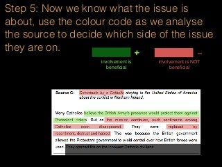 Step 5: Now we know what the issue is
about, use the colour code as we analyse
the source to decide which side of the issue
they are on.
involvement is
beneﬁcial
+ -
involvement is NOT
beneﬁcial
 