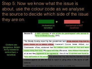 Step 5: Now we know what the issue is
about, use the colour code as we analyse
the source to decide which side of the issue
they are on.
involvement is
beneﬁcial
+ -
involvement is NOT
beneﬁcial
Civilians are
dangerous. British
Army needed to
control them =
beneﬁcial.
 