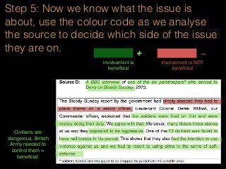 Step 5: Now we know what the issue is
about, use the colour code as we analyse
the source to decide which side of the issue
they are on.
involvement is
beneﬁcial
+ -
involvement is NOT
beneﬁcial
Civilians are
dangerous. British
Army needed to
control them =
beneﬁcial.
 