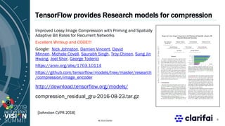 © 2019 Clarifai
TensorFlow provides Research models for compression
Improved Lossy Image Compression with Priming and Spatially
Adaptive Bit Rates for Recurrent Networks
Excellent Writeup and CODE!!!
Google: Nick Johnston, Damien Vincent, David
Minnen, Michele Covell, Saurabh Singh, Troy Chinen, Sung Jin
Hwang, Joel Shor, George Toderici
https://arxiv.org/abs/1703.10114
https://github.com/tensorflow/models/tree/master/research
/compression/image_encoder
http://download.tensorflow.org/models/
compression_residual_gru-2016-08-23.tar.gz
9
[Johnston CVPR 2018]
 