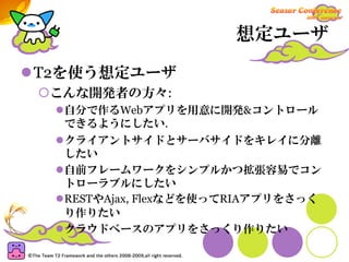 想定ユーザ

T2を使う想定ユーザ
 こんな開発者の方々:
  自分で作るWebアプリを用意に開発&コントロール
  できるようにしたい.
  クライアントサイドとサーバサイドをキレイに分離
  したい
  自前フレームワークをシンプルかつ拡張容易でコン
  トローラブルにしたい
  RESTやAjax, Flexなどを使ってRIAアプリをさっく
  り作りたい
  クラウドベースのアプリをさっくり作りたい
 