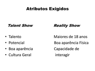 Talent Show Reality Show
• Talento Maiores de 18 anos
• Potencial Boa aparência Física
• Boa aparência Capacidade de
• Cultura Geral interagir
Atributos Exigidos
 