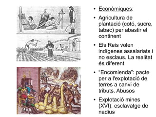 ● Econòmiques:
● Agricultura de
plantació (cotó, sucre,
tabac) per abastir el
continent
● Els Reis volen
indígenes assalariats i
no esclaus. La realitat
és diferent
● “Encomienda”: pacte
per a l'explotació de
terres a canvi de
tributs. Abusos
● Explotació mines
(XVI): esclavatge de
nadius
 