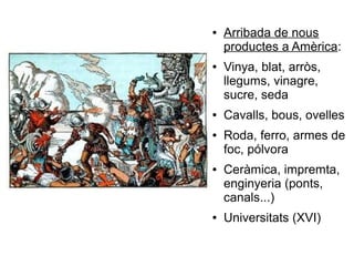 ● Arribada de nous
productes a Amèrica:
● Vinya, blat, arròs,
llegums, vinagre,
sucre, seda
● Cavalls, bous, ovelles
● Roda, ferro, armes de
foc, pólvora
● Ceràmica, impremta,
enginyeria (ponts,
canals...)
● Universitats (XVI)
 