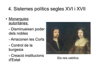 4. Sistemes polítics segles XVI i XVII
● Monarquies
autoritàries:
- Disminueixen poder
dels nobles
- Arraconen les Corts
- Control de la
burgesia
- Creació institucions
d'Estat
Els reis catòlics
 