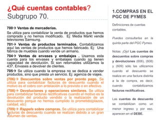 1.COMPRAS EN EL 
PGC DE PYMES 
Definiciones de cuentas 
contables. 
Puedes consultarlas en la 
quinta parte del PGC Pymes. 
Notas: ¡Ojo! Las cuentas de 
descuentos sobre compras 
y devoluciones (606), (608) 
y (609) sólo las utilizamos 
cuando el descuento se 
realiza en una factura distinta 
a la de compra, es decir, 
cuando contabilizamos 
facturas rectificativas. 
Las cuentas de descuento 
se contabilizan como un 
menor ingreso y por eso, 
aparecen en el DEBE. 
¿Qué cuentas contables? 
Subgrupo 70. 
700 Ventas de mercaderías. 
Se utiliza para contabilizar la venta de productos que hemos 
comprado y no hemos modificado. Ej: Media Markt vende 
televisores Samsung. 
701 Ventas de productos terminados. Contabilizamos 
aquí las ventas de productos que hemos fabricado. Ej: Una 
fábrica de muebles cuando vende un armario. 
704 Ventas de envases y embalajes . Usamos esta 
cuenta para los envases y embalajes cuando no tienen 
capacidad de devolución. Si son retornables utilizamos la 
437. Envases a devolver de clientes. 
705 Se utiliza cuando la empresa no se dedica a vender 
productos, sino que presta un servicio. Ej: agencia de viajes. 
(706) Descuentos sobre ventas por pronto pago. Se 
utiliza para contabilizar facturas de descuento cuando el 
motivo es el cobro con antelación a lo previsto o en efectivo. 
(708) Devoluciones y operaciones similares. Se utiliza 
para contabilizar facturas rectificativas cuando el motivo es la 
devolución del producto vendido o la realización de un 
descuento porque no hemos cumplido lo prometido(plazos, 
calidad, etc) 
(709) Rappels sobre compras. Se utiliza para contabilizar 
facturas de descuento cuando se realizan debido a un gran 
volumen de ventas. 
 