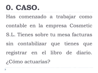 0. CASO. 
Has comenzado a trabajar como 
contable en la empresa Cosmetic 
S.L. Tienes sobre tu mesa facturas 
sin contabilizar que tienes que 
registrar en el libro de diario. 
¿Cómo actuarías? 
 