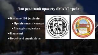 Для реалізації проекту SMART треба:
Близько 100 фахівців
Працівники зі стажем
Молоді спеціалісти
Науковці
Корейські спеціалісти
 