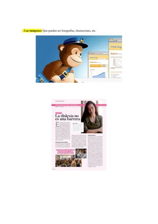 - Las imágenes: Que pueden ser fotografías, ilustraciones, etc.
 