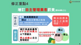 增訂自主管理業者罰責(第86條之1)
財政部關務署
修正重點4
修
正
前
僅得命其限期改正
或廢止其自主管理之核准
(依據「貨棧貨櫃集散站保稅倉庫物流中心及
海關指定業者實施自主管理辦法」第12條)
無 法 因 應 多
樣 化 之 違 規
情節！！
強化海關管理手段
施以精確處罰
廢止
停止
罰鍰
增訂得處新臺幣
6千元至30萬元
以下罰鍰及
停止或廢止自主
管理規定
4
修
正
後
 
