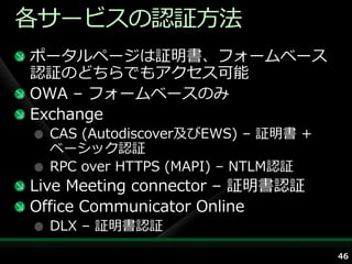 各サービスの認証方法
ポータルページは証明書、フォームベース
認証のどちらでもゕクセス可能
OWA – フォームベースのみ
Exchange
  CAS (Autodiscover及びEWS) – 証明書 +
  ベーシック認証
  RPC over HTTPS (MAPI) – NTLM認証
Live Meeting connector – 証明書認証
Office Communicator Online
  DLX – 証明書認証

                                    46
 