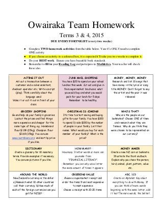 Owairaka Team Homework
Terms 3 & 4, 2015
DUE EVERY FORTNIGHT (every two weeks)
● Complete TWO homework activities from the table below. Year 4’s ONLY need to complete
ONE activity.
● If you choose an activity in a coloured box, it is expected it’ll take you two weeks to complete it.
● Do your BEST work. Ensure you have beautiful book standards.
● Remember to fill in your Reading Log and participate in Mathletics. Your teacherwill check
these also.
ACTING IT OUT
Act out a transaction between a
customer and a sales assistant,
checkout operator etc. Write a script
(play). Think carefully about the
language used.
Video it or act it out in front of your
class.
JUNK MAIL SHOPPING
You have $20 to spend on your school
lunches this week. Cut out and glue in
from supermarket brochures what
you would buy and what you would
pack for your lunch for 5 days.
Remember to be healthy.
MONEY, MONEY, MONEY
Research and list 10 songs that
have money in the lyrics or song
title MONEY. Don’t forget to say
the artist and the year it was
released.
GROCERY SHOPPING
Go and help do your family’s groceries.
Look at the prices and find things
more expensive and cheaper for the
same type of thing, e.g. Homebrand
flour $1.99 (1.5kg), Champion flour
$3.69 (1.5kg). You can use
www.countdown.co.nz and sort by price
if you like.
CHRISTMAS IS COMING!
It’s time to start saving and buying
gifts for your family. You have $100
to spend. Divide $100 by the number
of people in your family. List their
names. What would you buy for each
member of your family? What is the
price?
WHO’S THAT?
Who are the people on our
banknotes? Choose ONE of them
and research what they are
famous. Why do you think they
were chosen to be represented on
our currency?
DICTIONARY
Create a glossary for 10 monetary
terms. Provide examples if necessary.
You can use pictures if you like.
HOW MANY?
How many 3 letter words or more can
you make from
“FINANCIAL LITERACY”.
Remember you can only use a letter
the same amount of times it appears.
MONEY MAKER
Create a new NZ coin or banknote.
Illustrate the front and back.
Explain why you chose the person,
bird, animal, plant, pattern, value
etc.
AROUND THE WORLD
New Zealand’s currency is the dollar.
a) Research what 10 other countries
call their currency. b) How much of
each of the foreign currencies can you
get for NZ$1?
ORDERING VALUE
Choose a supermarket receipt and
order the items from least expensive
to most expensive
Choose a receipt with 10-20 items.
ABC, 123
Create an Alphabet Key about
everything to do with Money. If
you can think of more words
beginning with the same letter, add
it too! The more words, the better!
 