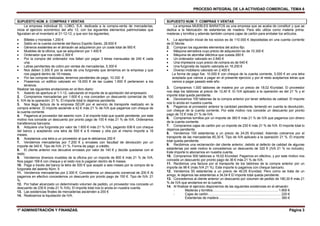 PROCESO INTEGRAL DE LA ACTIVIDAD COMERCIAL. TEMA 6
1º ADMINISTRACIÓN Y FINANZAS. Página 3
SUPUESTO NÚM. 6: COMPRAS Y VENTAS
La empresa individual EL LOBO, S.A. dedicada a la compra-venta de mercaderías,
inicia el ejercicio económico del año 12, con los siguientes elementos patrimoniales que
figuraban en el inventario al 31-12-12, y que son los siguientes;
• Billetes y monedas 1.200 €
• Saldo en la cuenta corriente del Banco Espirito Santo, 28.600 €
• Géneros existentes en el almacén se adquirieron por un coste total de 950 €
• Muebles de la oficina, que se adquirieron por 1.400 €
• Ordenador que nos costo 2.300 €
• Por la compra del ordenador nos faltan por pagar 3 letras mensuales de 240 € cada
una.
• Letras pendientes de cobro por ventas de mercaderías, 5.300 €
• Nos deben 3.300 € por la venta de una furgoneta que teníamos en la empresa y que
nos pagará dentro de 18 meses.
• Por las compras realizadas, tenemos pendientes de pago, 10.330 €
• Poseemos un edificio valorado en 18.000 € de las cuales 1.600 € pertenecen a los
terrenos.
Realizar las siguientes anotaciones en el libro diario:
1. Asiento de apertura al 1-1-12, calculando el importe de la aportación del empresario
2. Compramos mercaderías por 1.600 € y nos conceden un descuento comercial de 100
€. IVA de la operación: 21 %. El importe total lo dejamos pendiente.
3. Nos llega factura de la empresa SEUR por el servicio de transporte realizado en la
compra anterior. El importe asciende a 42 € más 21 % de IVA que pagamos con cheque de
la cuenta corriente.
4. Pagamos al proveedor del asiento núm. 2 el importe total que quedó pendiente, por este
motivo nos concede un descuento por pronto pago de 100 € más 21 % de IVA. Ordenamos
transferencia bancaria.
5. Adquiere una furgoneta por valor de 1.600 € más 21 % IVA, pagando 936 € con cheque
del banco y aceptando una letra de 500 € a 6 meses y otra por el mismo importe a 18
meses.
6. Aceptamos una letra a un proveedor al que le debíamos 250 €
7. Vendemos mercaderías por 7.200 € y envases con facultad de devolución por un
importe de 340 €. Tipo de IVA: 21 %. Forma de pago: a crédito.
8. El cliente anterior nos devuelve envases por valor de 140 € y decide quedarse con el
resto.
9. Vendemos diversos muebles de la oficina por un importe de 800 € más 21 % de IVA.
Nos pagan 168 € con cheque y el resto nos lo pagaran dentro de 6 meses.
10. Paga a través del banco la letra de 500 € que aceptó a seis meses por la compra de la
furgoneta del asiento Núm. 5
11. Vendemos mercaderías por 2.300 €. Concedemos un descuento comercial de 200 € Al
pagarnos en efectivo concedemos un descuento por pronto pago de 150 €. Tipo de IVA: 21
%
12. Por haber alcanzado un determinado volumen de pedido, un proveedor nos concede un
descuento de 230 € (más 21 % IVA). El importe total nos lo anota en nuestra cuenta.
13. Las existencias finales de mercaderías ascienden a 200 €
14. Realizamos la liquidación de IVA.
SUPUESTO NUM. 7: COMPRAS Y VENTAS
La empresa MUEBLES BARATOS es una empresa que se acaba de constituir y que se
dedica a la fabricación de estanterías de madera. Para ello utiliza como materia prima:
maderas y tornillos y además también compra cajas de cartón para embalar los artículos.
1. La aportación inicial de los socios es de 110.000 € depositadas en una cuenta corriente
de El Monte.
2. Compran los siguientes elementos del activo fijo:
• Máquina serradora cuyo precio de adquisición es de 10.300 €
• Máquina de atornillar eléctrica que cuesta 260 €
• Un ordenador valorado en 2.840 €
• Una impresora cuyo precio de compra es de 540 €
• Una furgoneta de reparto valorada en 16.200 €
• Diverso mobiliario valorado en 2.400 €
La forma de pago fue: 10.000 € con cheque de la cuenta corriente, 5.000 € en una letra
aceptada que vamos a pagar en el presente ejercicio y por el resto aceptamos letras que
vamos a pagar pasado este año.
3. Compramos 1.000 tablones de madera por un precio de 18,02 €/unidad. El proveedor
nos deja los tablones al precio de 12,40 €. El IVA aplicado a la operación es del 21 % y el
importe total queda pendiente.
4. Devolvemos 100 tablones de la compra anterior por tener defectos de calidad. El importe
nos lo anota en nuestra cuenta.
5. Pagamos al proveedor anterior la cantidad pendiente, teniendo en cuenta la devolución,
con cheque de la cuenta corriente. Por este motivo nos concede un descuento por pronto
pago de 72 € más 21 % de IVA.
6. Compramos tornillos por un importe de 360 € más 21 % de IVA que pagamos con dinero
de la cuenta corriente.
7. Compramos cajas de cartón por un importe de 230 € más 21 % de IVA. El importe total lo
dejamos pendiente.
8. Vendemos 100 estanterías a un precio de 24,05 €/unidad. Además cobramos por el
transporte de las mercaderías 80,30 €. Tipo de IVA aplicado a la operación 21 %. El importe
total queda pendiente.
9. Recibimos una reclamación del cliente anterior, debido al defecto de calidad de algunas
estanterías por este motivo le concedemos un descuento de 320 € (IVA 21 % no incluido).
Este importe lo abonamos en nuestra cuenta.
10. Compramos 500 tablones a 16,02 €/unidad. Pagamos en efectivo, y por este motivo nos
concede un descuento por pronto pago de 36 € más 21 % de IVA.
11. Recibimos una factura por el transporte de los tablones de la compra anterior por un
importe de 96 € (más IVA 21 %). Este importe lo pagamos con cheque bancario.
12. Vendemos 50 estanterías a un precio de 40,05 €/unidad. Pero como se trata de un
amigo, le dejamos las estanterías a 34,04 € El importe total queda pendiente.
13. Concedemos al cliente anterior un descuento por volumen de pedido de 180,30 € más 21
% de IVA que anotamos en la cuenta.
14. Al finalizar el ejercicio disponemos de las siguientes existencias en el almacén:
- Maderas y tornillos........................................................................1.800 €
- Cajas de cartón ............................................................................... 220 €
Estanterías de madera .................................................................... 360 €
 