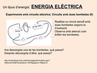 Un tipus d’energia: ENERGIA ELÈCTRICA
Experiments amb circuits elèctrics: Circuits amb dues bombetes (II)
Realitza un circuit senzill amb
dues bombetes segons la
il·lustració.
Observa amb atenció com
brillen les bombetes.
Ara descargola una de les bombetes, què passa?
Desprès descargola d’altre, què passa?
http://www.librosvivos.net/smtc/pagporformulario.asp?
idIdioma=ES&TemaClave=1021&pagina=10&est=2
 