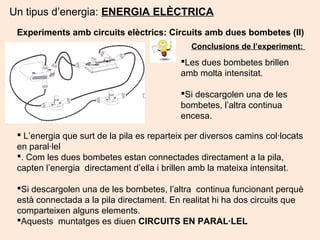 Un tipus d’energia: ENERGIA ELÈCTRICA
Experiments amb circuits elèctrics: Circuits amb dues bombetes (II)
Les dues bombetes brillen
amb molta intensitat.
Si descargolen una de les
bombetes, l’altra continua
encesa.
Conclusions de l’experiment:
 L’energia que surt de la pila es reparteix per diversos camins col·locats
en paral·lel
. Com les dues bombetes estan connectades directament a la pila,
capten l’energia directament d’ella i brillen amb la mateixa intensitat.
Si descargolen una de les bombetes, l’altra continua funcionant perquè
està connectada a la pila directament. En realitat hi ha dos circuits que
comparteixen alguns elements.
Aquests muntatges es diuen CIRCUITS EN PARAL·LEL
 