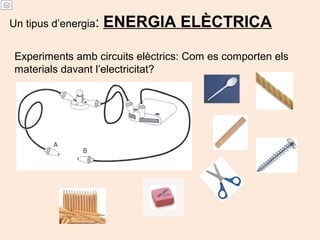 Un tipus d’energia: ENERGIA ELÈCTRICA
Experiments amb circuits elèctrics: Com es comporten els
materials davant l’electricitat?
 