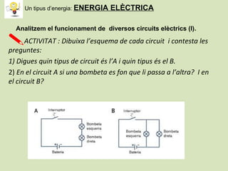Analitzem el funcionament de diversos circuits elèctrics (I).
ACTIVITAT : Dibuixa l’esquema de cada circuit i contesta les
preguntes:
1) Digues quin tipus de circuit és l’A i quin tipus és el B.
2) En el circuit A si una bombeta es fon que li passa a l’altra? I en
el circuit B?
Un tipus d’energia: ENERGIA ELÈCTRICA
 