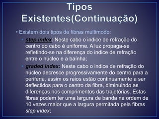 • Existem dois tipos de fibras multimodo:
• step index: Neste cabo o indice de refração do
centro do cabo é uniforme. A luz propaga-se
refletindo-se na diferença do indice de refração
entre o núcleo e a baínha;
• graded index: Neste cabo o indice de refração do
núcleo decresce progressivamente do centro para a
periferia, assim os raios estão continuamente a ser
deflectidos para o centro da fibra, diminuindo as
diferenças nos comprimentos das trajetórias. Estas
fibras podem ter uma largura de banda na ordem de
10 vezes maior que a largura permitada pela fibras
step index;
 