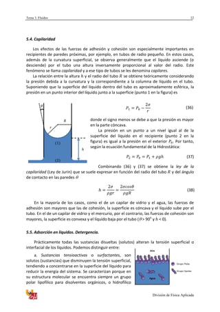 Tema 3. Fluidos
División de Física Aplicada
22
5.4. Capilaridad
Los efectos de las fuerzas de adhesión y cohesión son especialmente importantes en
recipientes de paredes próximas, por ejemplo, en tubos de radio pequeño. En estos casos,
además de la curvatura superficial, se observa generalmente que el líquido asciende (o
desciende) por el tubo una altura inversamente proporcional al valor del radio. Este
fenómeno se llama capilaridad y a ese tipo de tubos se les denomina capilares.
La relación entre la altura y el radio del tubo se obtiene teóricamente considerando
la presión debida a la curvatura y la correspondiente a la columna de líquido en el tubo.
Suponiendo que la superficie del líquido dentro del tubo es aproximadamente esférica, la
presión en un punto interior del líquido junto a la superficie (punto 1 en la figura) es
donde el signo menos se debe a que la presión es mayor
en la parte cóncava.
La presión en un punto a un nivel igual al de la
superficie del líquido en el recipiente (punto 2 en la
figura) es igual a la presión en el exterior . Por tanto,
según la ecuación fundamental de la Hidrostática:
(37)
Combinando (36) y (37) se obtiene la ley de la
capilaridad (Ley de Jurin) que se suele expresar en función del radio del tubo y del ángulo
de contacto en las paredes
(38)
En la mayoría de los casos, como el de un capilar de vidrio y el agua, las fuerzas de
adhesión son mayores que las de cohesión, la superficie es cóncava y el líquido sube por el
tubo. En el de un capilar de vidrio y el mercurio, por el contrario, las fuerzas de cohesión son
mayores, la superficie es convexa y el líquido baja por el tubo ( > 90o
y < 0).
5.5. Adsorción en líquidos. Detergencia.
Prácticamente todas las sustancias disueltas (solutos) alteran la tensión superficial o
interfacial de los líquidos. Podemos distinguir entre:
a. Sustancias tensioactivas o surfactantes, son
solutos (sustancias) que disminuyen la tensión superficial,
tendiendo a concentrarse en la superficie del líquido para
reducir la energía del sistema. Se caracterizan porque en
su estructura molecular se encuentra siempre un grupo
polar lipofílico para disolventes orgánicos, o hidrofílico
(36)
 