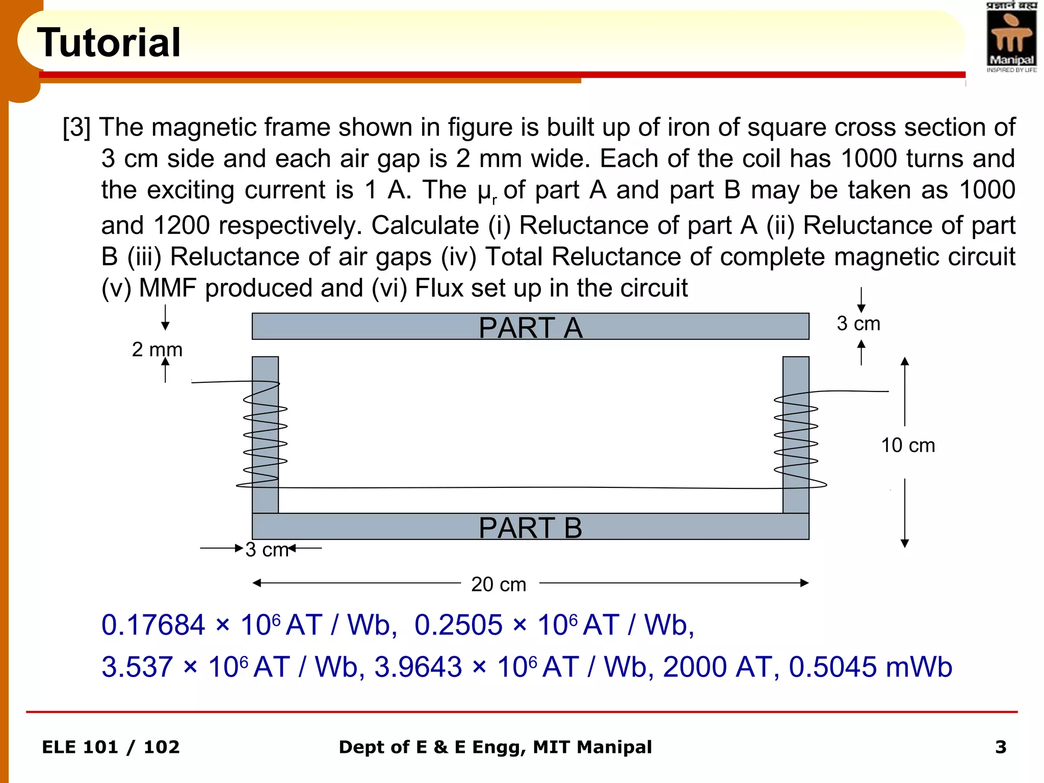 ELE 101 / 102 Dept of E & E Engg, MIT Manipal 3
[3] The magnetic frame shown in figure is built up of iron of square cross section of
3 cm side and each air gap is 2 mm wide. Each of the coil has 1000 turns and
the exciting current is 1 A. The µr of part A and part B may be taken as 1000
and 1200 respectively. Calculate (i) Reluctance of part A (ii) Reluctance of part
B (iii) Reluctance of air gaps (iv) Total Reluctance of complete magnetic circuit
(v) MMF produced and (vi) Flux set up in the circuit
PART A
PART B
3 cm
10 cm
2 mm
3 cm
20 cm
Tutorial
0.17684 × 106
AT / Wb, 0.2505 × 106
AT / Wb,
3.537 × 106
AT / Wb, 3.9643 × 106
AT / Wb, 2000 AT, 0.5045 mWb
 