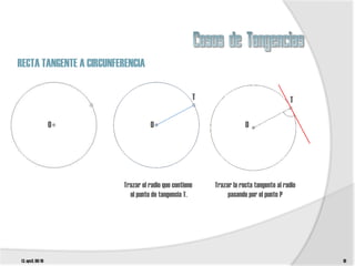 RECTA TANGENTE A CIRCUNFERENCIA

                                                    T                                 T

                  O                O                                O




                         Trazar el radio que contiene   Trazar la recta tangente al radio
                           el punto de tangencia T.          pasando por el punto P




t3. epv3. 09/10                                                                             10
 