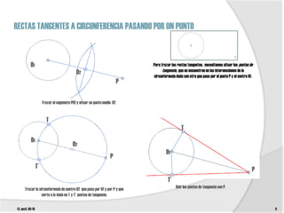 RECTAS TANGENTES A CIRCUNFERENCIA PASANDO POR UN PUNTO


           O1                                                                   Para trazar las rectas tangentes, necesitamos situar los puntos de
                                              O2                                      tangencia., que se encuentran en las intersecciones de la
                                                                                circunferencia dada con otra que pasa por el punto P y el centro 01.
                                                                            P

                       Trazar el segmento P01 y situar su punto medio: 02


                          T
                                                                                                   T
           O1
                                           O2
                                                                                        O1
                                                                     P
                  T’                                                                                                                               P
                                                                                         T’
      Trazar la circunferencia de centro 02 que pasa por 01 y por P y que                      Unir los puntos de tangencia con P.
                  corta a la dada en T y T’: puntos de tangencia.

t3. epv3. 09/10                                                                                                                                        11
 