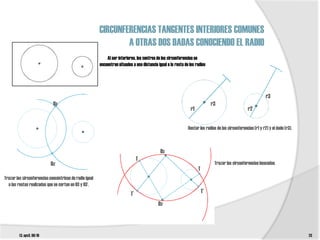 CIRCUNFERENCIAS TANGENTES INTERIORES COMUNES
                                                                 A OTRAS DOS DADAS CONOCIENDO EL RADIO
                                                             Al ser interiores, los centros de las circunferencias se
                                                         encuentran situados a una distancia igual a la resta de los radios




                                                                                                                                                                 r3
                             O3                                                                                                r3
                                                                                                                 r1                                   r2


                                                                                                                Restar los radios de las circunferencias (r1 y r2) y el dado (r3).



                                                                                              O3
                                                                                 T
                            O3’                                                                                                 Trazar las circunferencias buscadas.
                                                                                                                      T
Trazar las circunferencias concéntricas de radio igual
  a las restas realizadas que se cortan en 03 y 03’.
                                                                            T’                                            T’

                                                                                             O3’



         t3. epv3. 09/10                                                                                                                                                             23
 