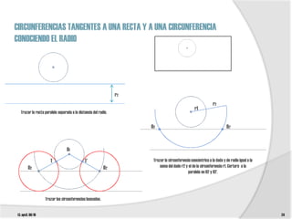 CIRCUNFERENCIAS TANGENTES A UNA RECTA Y A UNA CIRCUNFERENCIA
CONOCIENDO EL RADIO

                     O1




                                                                r2
                                                                                                              r2
                                                                                                  r1
  Trazar la recta paralela separada a la distancia del radio.

                                                                     O2                                                 O2’



                                 O1

                      T                      T’                       Trazar la circunferencia concéntrica a la dada y de radio igual a la
        O2                                                O2’             suma del dado r2 y el de la circunferencia r1. Cortará a la
                                                                                            paralela en 02 y 02’.




                  Trazar las circunferencias buscadas.


t3. epv3. 09/10                                                                                                                              24
 