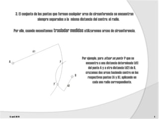 3. El conjunto de los puntos que forman cualquier arco de circunferencia se encuentran
                          siempre separados a la misma distancia del centro: el radio.

      Por ello, cuando necesitemos trasladar medidas utilizaremos arcos de circunferencia.



                     d1

                                                         Por ejemplo, para situar un punto P que se
A                                        P                  encuentra a una distancia determinada (d1)
                                                              del punto A y a otra distancia (d2) de B,
                                                            cruzamos dos arcos haciendo centro en los
                                                    B
                                                             respectivos puntos (A y B), aplicando en
                                    P´                            cada uno radio correspondiente.
                                              d2




t3. epv3. 09/10                                                                                           5
 