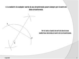 4. La mediatriz de cualquier cuerda de una circunferencia pasará siempre por el centro de
                                     dicha circunferencia.




      A


                                                     Por lo tanto, el punto de corte de dos de esas
                                                  mediatrices determina el centro de la circunferencia.

                                        B

                  O




t3. epv3. 09/10                                                                                           6
 