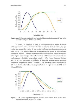 Selección de hábitat                                                                                    121



                              1.0
                              0.9
                              0.8
        Indice de Idoneidad
                              0.7
                              0.6                                                                 0+
                              0.5                                                                 1+
                                                                                                  >1+
                              0.4
                              0.3
                              0.2
                              0.1
                              0.0
                                    0     10    20     30    40    50     60    70    80    90

                                                         Profundidad (cm)

Figura 2.3.3.27. Curvas de preferencia para la profundidad de las distintas clases de edad en las
       localidades de Espinal (1250) y Uriz (1260).


        En cuanto a la velocidad, se repite el patrón general de las truchas de mayor
edad seleccionando zonas con menor velocidad de corriente. De todas formas, hay que
resaltar que aunque las truchas de mayor edad prefieren velocidades de corriente de
hasta 0.25 m s-1, el Índice de Idoneidad alcanza valores por encima de lo normal para
velocidades elevadas. Lo mismo ocurre para las truchas de edad 1+, aunque en este caso
exhiben poca preferencia por velocidades inferiores a 0.1 m s-1, mostrando una máxima
preferencia por velocidades comprendidas entre 0.1 y 0.7 m s-1, con el máximo absoluto
a 0.3 m s-1. Para las truchas 0+, el Índice de Idoneidad alcanza valores óptimos a
velocidades comprendidas entre 0.2 y 0.65 m s-1, con el máximo valor a la velocidad de
0.4 m s-1. Evitan velocidades por debajo de 0.05 m s-1 y por encima de 0.95 m s-1
(Figura 2.3.3.28).

                              1.0
                              0.9
                              0.8
       Indice de Idoneidad




                              0.7
                              0.6                                                                 0+
                              0.5                                                                 1+
                              0.4                                                                 >1+

                              0.3
                              0.2
                              0.1
                              0.0
                                    0.0 0.1 0.2 0.3 0.4 0.5 0.6 0.7 0.8 0.9 1.0 1.1 1.2 1.3 1.4

                                                        Velocidad (m · s-1)

Figura 2.3.3.28. Curvas de preferencia para la velocidad de las distintas clases de edad en las
       localidades de Espinal (1250) y Uriz (1260).
 