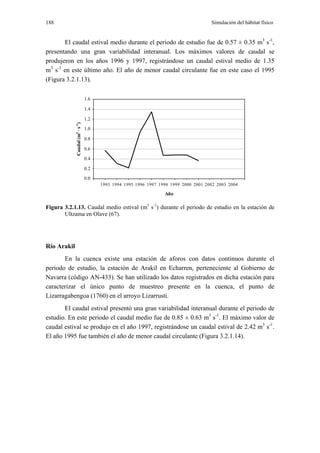 188                                                                                    Simulación del hábitat físico


       El caudal estival medio durante el periodo de estudio fue de 0.57 ± 0.35 m3 s-1,
presentando una gran variabilidad interanual. Los máximos valores de caudal se
produjeron en los años 1996 y 1997, registrándose un caudal estival medio de 1.35
m3 s-1 en este último año. El año de menor caudal circulante fue en este caso el 1995
(Figura 3.2.1.13).

                                  1.6

                                  1.4

                                  1.2
             Caudal (m3 · s -1)




                                  1.0

                                  0.8

                                  0.6

                                  0.4

                                  0.2
                                  0.0
                                        1993 1994 1995 1996 1997 1998 1999 2000 2001 2002 2003 2004

                                                                   Año

Figura 3.2.1.13. Caudal medio estival (m3 s-1) durante el periodo de estudio en la estación de
       Ultzama en Olave (67).




Río Arakil
       En la cuenca existe una estación de aforos con datos continuos durante el
periodo de estudio, la estación de Arakil en Echarren, perteneciente al Gobierno de
Navarra (código AN-433). Se han utilizado los datos registrados en dicha estación para
caracterizar el único punto de muestreo presente en la cuenca, el punto de
Lizarragabengoa (1760) en el arroyo Lizarrusti.
       El caudal estival presentó una gran variabilidad interanual durante el periodo de
estudio. En este periodo el caudal medio fue de 0.85 ± 0.63 m3 s-1. El máximo valor de
caudal estival se produjo en el año 1997, registrándose un caudal estival de 2.42 m3 s-1.
El año 1995 fue también el año de menor caudal circulante (Figura 3.2.1.14).
 