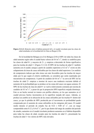 200                                                                                                     Simulación del hábitat físico



                                             1600

                                             1400

         Hábitat Potencial Útil (m 1000m )
         -1
                                             1200
                                                                                                                       0+
                                                                                                                       1+
         2



                                             1000                                                                      2+
                                                                                                                       >2+
                                             800

                                             600

                                             400

                                             200

                                               0
                                                    0   0.25 0.5 0.75   1   1.25 1.5 1.75 2    2.25 2.5 2.75   3
                                                                            Caudal (m3 s -1)


Figura 3.3.1.3. Relación entre el hábitat potencial útil y el caudal circulante para las clases de
       edad estudiadas en la localidad del río Eska en Burgui (130).


        En la localidad de Belagua en el río Belagua (210) el HPU de todas las clases de
edad aumenta según sube el caudal hasta valores de 0.4 m3 s-1, donde se estabiliza para
las clases de edad 0+ y mayores de 2+, y empieza a descender de forma significativa
para las truchas de edad 1+ (Figura 3.3.1.4). El HPU de las truchas de edad 2+ también
aumenta con el caudal, aunque a partir de caudales superiores a 0.2 m3 s-1 existe un alto
solapamiento de áreas de cauce utilizables por las clases de edad superiores. Los análisis
de competencia indican que tales áreas son más favorables para las truchas de mayor
edad, por lo que según el criterio establecido, se considera que serán expulsadas por
mecanismos de competencia. A partir de caudales de 0.6 m3 s-1 la curva de HPU de las
truchas de edad 2+ empieza a mostrar de nuevo una tendencia creciente debido al
aumento de la profundidad que se produce en las zonas del cauce con aguas someras. El
HPU de las truchas de clase de edad 0+ se vuelve relativamente constante por encima de
caudales de 0.5 m3 s-1, a pesar de que la proporción HPU/superficie mojada disminuye.
Este es un hecho normal en tramos con perfiles abiertos, en los que aumentos en el
caudal provoca fuertes incrementos en la superficie mojada del cauce. Además, se
produce un cambio en la ubicación de las zonas utilizables por las truchas 0+ dentro del
cauce, ya que la pérdida de HPU producida por el incremento en profundidad queda
compensada por el aumento de zonas utilizables en los márgenes del cauce. El caudal
medio durante el periodo de estudio fue de 0.22 ± 0.08 m3 s-1, con un rango
comprendido entre 0.12 y 0.4 m3 s-1, por lo que dentro del rango de caudales del periodo
de estudio, aumentos en el caudal circulante producen aumentos en el hábitat disponible
para todas las clases de edad, excepto para las truchas de edad 2+, presentando las
truchas de edad 1+ los valores de HPU más elevados.
 